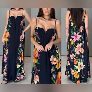 FARM Rio Black Long Dress with Vibrant Floral Design Size M